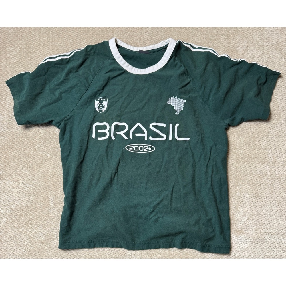 Cotton On Brasil 2002 Graphic Tee Shirt Green White Ringer Collar Men's LG